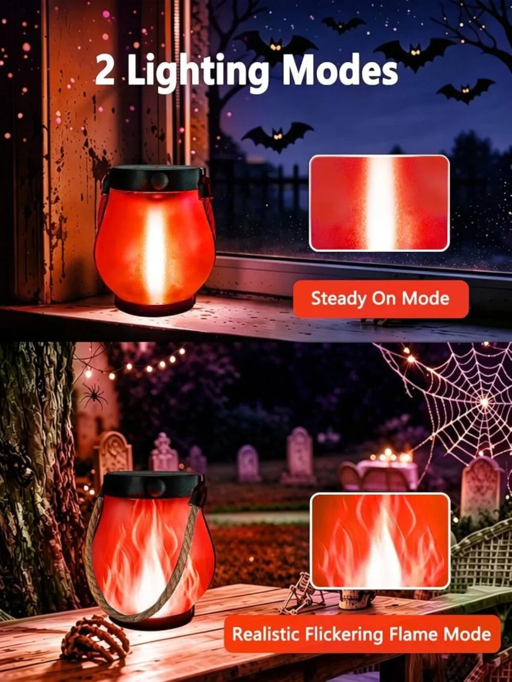 4 Pack Waterproof Halloween Solar Lanterns - Outdoor Red Flame Lights Decor
